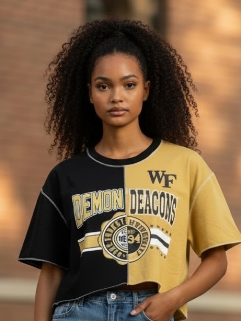 Colorblock Demon Deacons Cropped Tee - Black & Gold ladies small